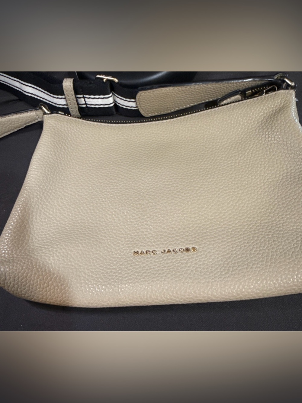 Marc Jacobs Sand Pebbled Leather Crossbody with Striped Strap